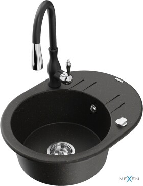 MEXEN/S - Kevin granitový dřez 1 s odkapávačem včetně baterie Savita, černá/zlatá metalik 6517-75-672601-70