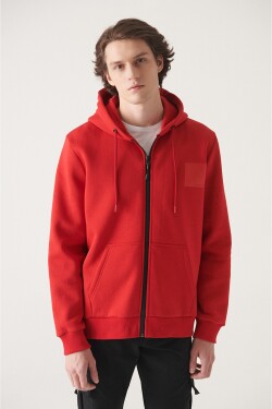 Avva Men's Red Hooded Thread Fleece Printed Zippered Standard Fit Regular Fit Sweatshirt