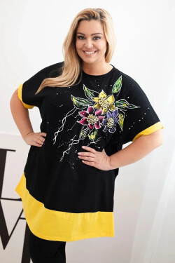 Dámská tunika Plus Size s květinovým vzorem a ozdobnými perličkami žlutá UNI