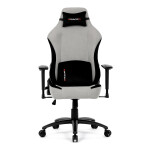 Herní křeslo, stříbrná látka, houpací mechanismus, polohování opěradla 90°-180°, 3D područky, polštáře z paměťové pěny,