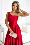 Elegantní dlouhé červené dámské saténové šaty přes jedno rameno 524-1