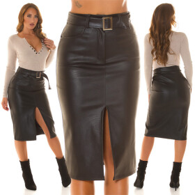 Sexy Highwaist faux leather Midi Skirt with belt barva black velikost