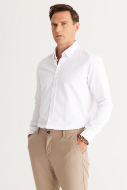 AC&Co / Altınyıldız Classics Men's White Slim Fit Slim-fit Oxford Buttoned Collar Dobby Cotton Shirt.