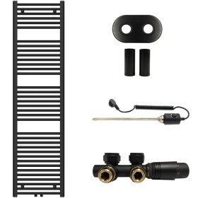 CERANO - Koupelnový radiátorový set Benito - kombinované vytápění, termo tyč - středové připojení 50 mm - 600W - černá matná - 1700x450 mm CER-317306