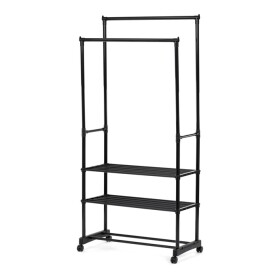 Stojan na šaty dvouramenný se třemi policemi, černá barva, kov / plast, chrom