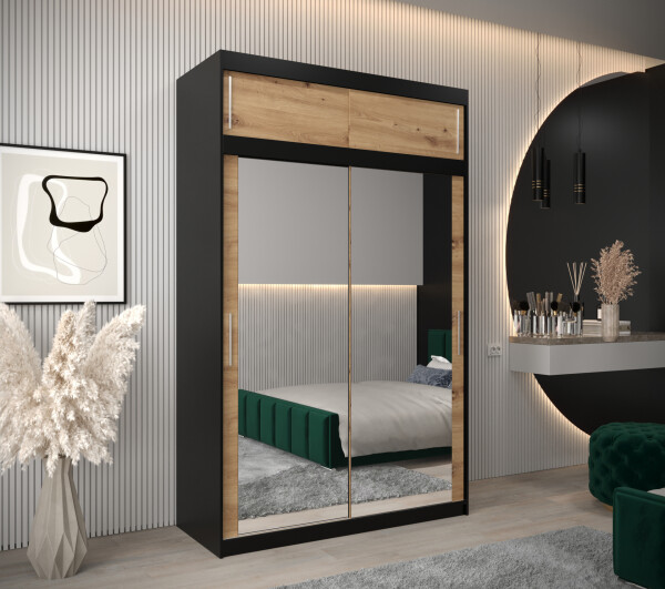 Šatní skříň Abi T3 s nástavcem Barva korpusu: Černá, Rozměry: 150 cm, Dveře: Dub-Artisan