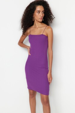 Trendyol fialový čtvercový límec špagetová ramínka žebrované flexibilní vypasované mini šaty