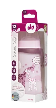 NIP Straw cup láhev s brčkem PP 330ml růžová / od 12 měsíců (NIP35068)