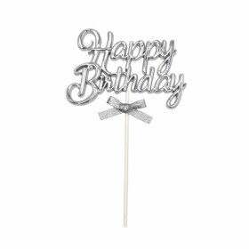 Dortisimo Zápich do dortu stříbrný Happy Birthday s mašličkou