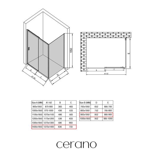 CERANO - Sprchový kout Varone LINE L/P - 6 mm - černá matná, transparentní sklo - 140x90x195 - posuvný CER-DY505B-90114