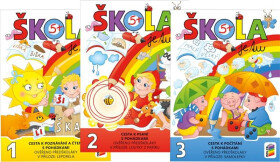 Škola je tu – Cesta k poznávání a čtení s pohádkami, Cesta k psaní s pohádkami, Cesta k počítání s pohádkami (sada tří barevných pracovních učebnic pro předškoláky s přílohami leporelo, loutky z papíru a samolepky)