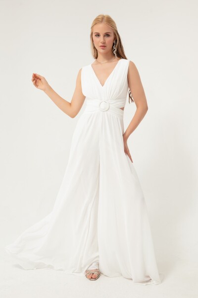 Lafaba Women's White Waist Low-cut Chiffon Evening Dress Jumpsuit