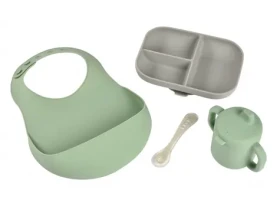 Beaba Jídelní sada silikonová 4-dílná s bryndákem Grey/Sage Green (913556BB)