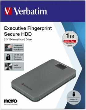 Verbatim Executive Fingerprint Secure 1TB šedá / Externí HDD / 2.5/ USB 3.2 Gen 1 / čtečka otisku prstů (53652)