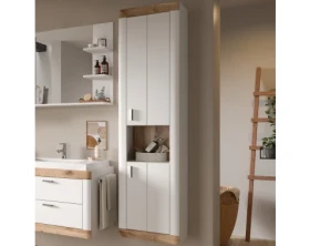 Vysoká nástěnná koupelnová skříňka Laredo, 45 cm, bílá/dub nox