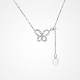Stříbrný náhrdelník s perlou a zirkony Ofelia, motýl, stříbro 925/1000, Stříbrná 42 cm + 2 cm (prodloužení)