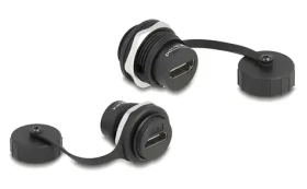 Delock HDMI-A samice-samice IP67 / Adaptér do panelu / s krytkou / prachu a vodě odolný / černá (86963)