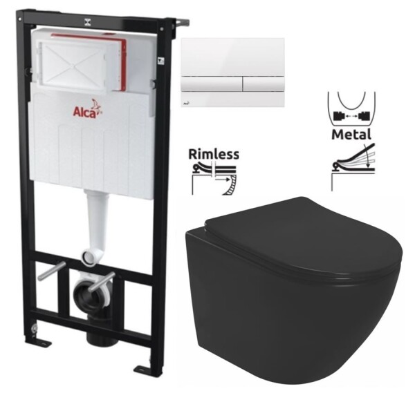 ALCA Sádromodul - předstěnový instalační systém s bílým tlačítkem M1710 + WC REA CARLO MINI RIMLESS ČIERNY MAT + SEDADLO AM101/1120 M1710 MM1