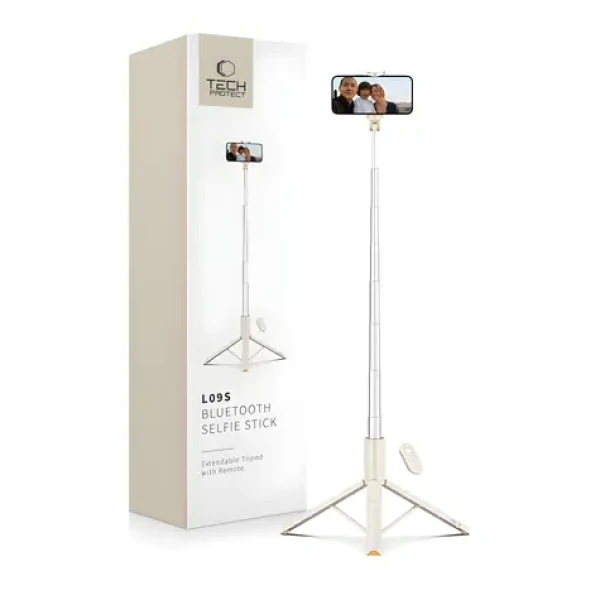 Tech-Protect L09S béžová / Selfie tyč / Stativová funkce / Bluetooth dálkové ovládání / Teleskopická 146 cm (5906302330874)