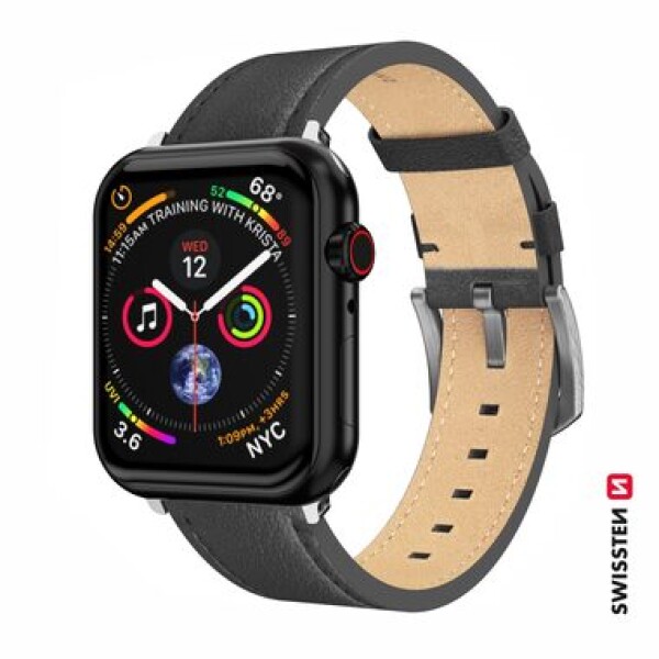 SWISSTEN Kožený řemínek pro Apple Watch 42/44/45/49mm černo-stříbrná / stříbrná spona a stříbrné poutko (46000812)