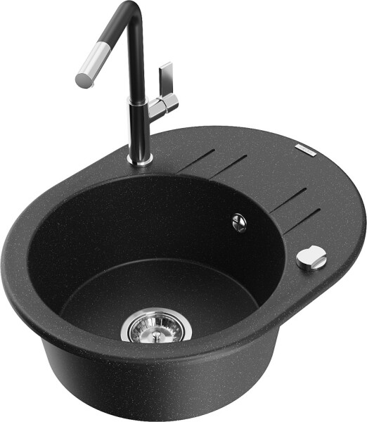 MEXEN/S - Kevin granitový dřez 1-miska s odkapávačem včetně baterie Flora, černá/srebrny metalik 6517-73-670401-07