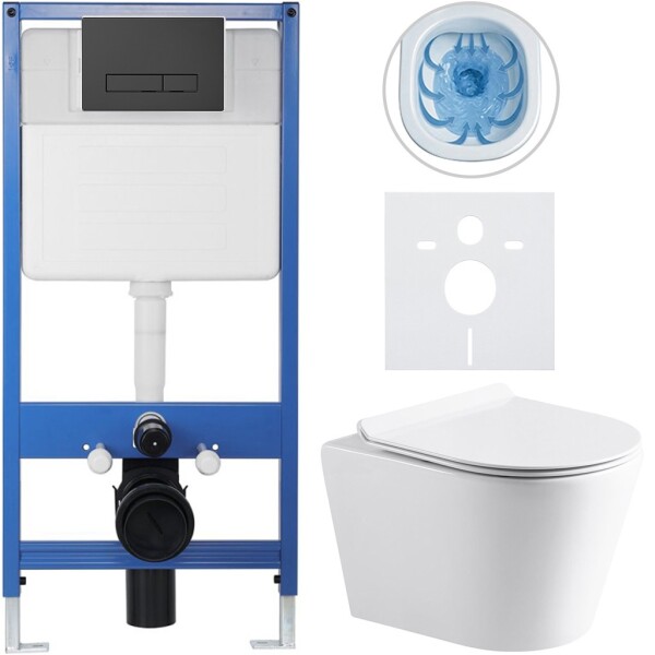 CERANO - Kompletní WC set Profi/Carlito - bílá lesklá - WC tlačítko Slim/Černá matná - předstěnová instalace - 48,5x36,5 CER-8050BD75