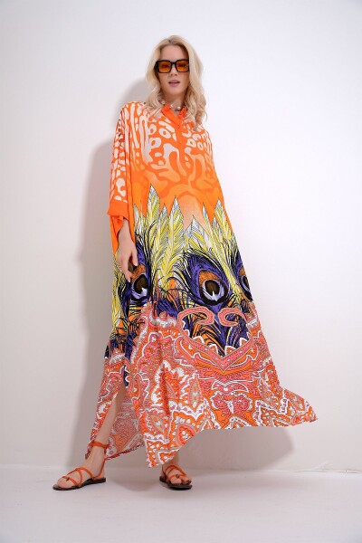 Trend Alaçatı Stili Women's Orange Full Collar Bat Sleeve Patterned Maxi Length Woven Dress with Slits on the Sides