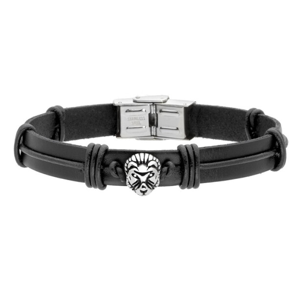Pánský náramek Lion z pravé kůže a chirurgické oceli, lev, Černá 21 cm