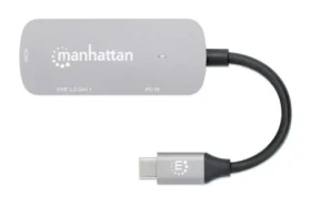 Manhattan USB-C na HDMI adaptér 3v1 stříbrný / Adaptér / 4K 30Hz / USB-A 3.2 Gen1 / PD 100 W (130707)