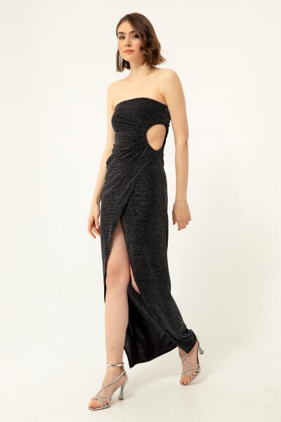 Lafaba Women's Anthracite Double-breasted Evening Dress with Lined Knitted Shimmering Prom Dress