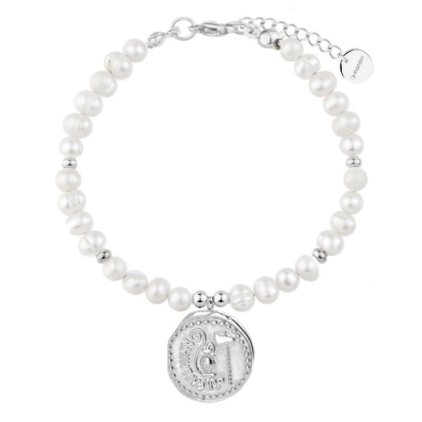 Perlový náramek Eudora - starožitná mince, sladkovodní perla, Stříbrná 17 cm + 3 cm (prodloužení) Bílá