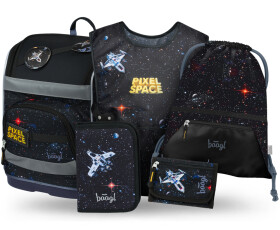 Školní aktovkový 5-dílný set BAAGL ZIPPY PLUS - Pixel Space (aktovka, penál, sáček, zástěra, peněženka)