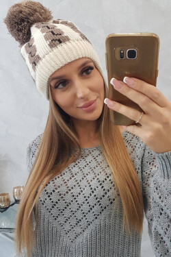 Dámská čepice s bambulí Rozalia K323 mocca+ecru UNI