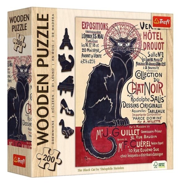 Dřevěné puzzle Art: Steinlen - Černá kočka, Le Chat Noir 200 dílků