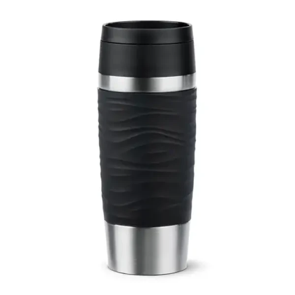 Emsa Travel Mug Waves 0,36 l černá / Termohrnek / nerezová ocel / silikonový povrch (N2021200)