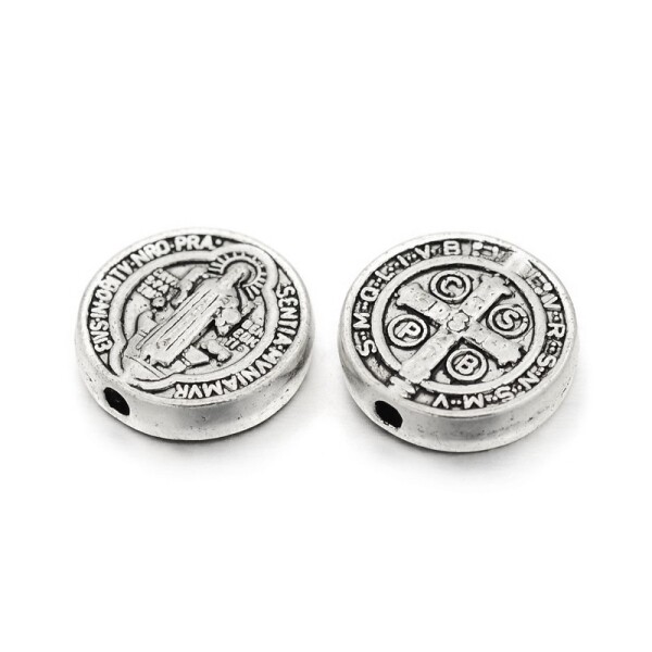 Kovový korálek - medailka Sv. Benedikta - starostříbrný - 10 x 2 mm - 1 ks