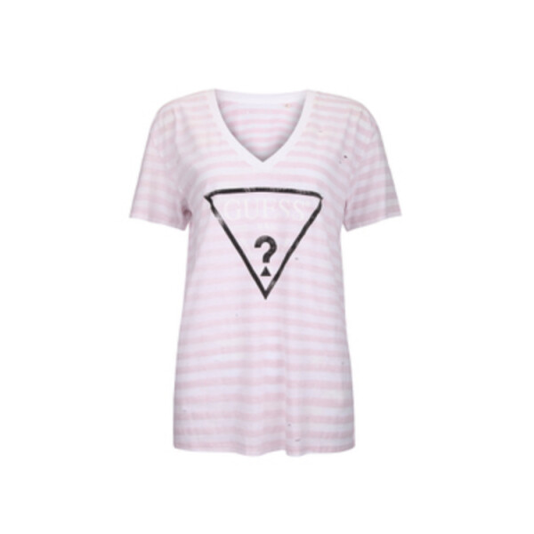 Outlet GUESS tričko Destroyed Logo V-Neck Tee lilac Růžová