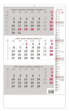 Nástěnný kalendář 2025 Tříměsíční šedý poznámkami