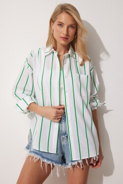 Happiness İstanbul Women's Green White Striped Oversized Long Cotton Shirt