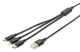 Digitus USB-A 3v1 černá / Nabíjecí kabel / Lightning, microUSB, USB-C / 1 m / bavlněný oplet (AK-300160-010-S)