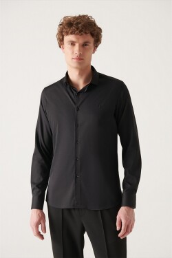 Avva Men's Black Anti-Wrinkle Travel Slim Fit Slim Fit Shirt