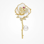 Luxusní brož Agnese - růže se zirkony a s perlou, Zlatá