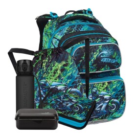 Školní batohový 5-dílný set Bagmaster DOPI 25 B MOTORKA (batoh,penál,sáček na cvičky,box na svačinu,láhev)