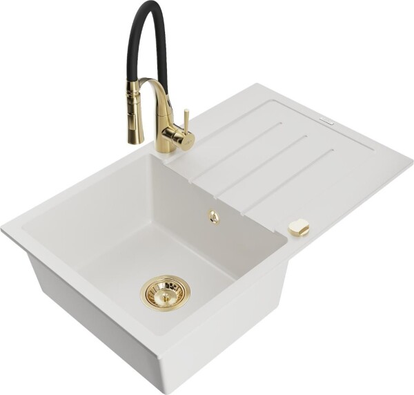 MEXEN - Bruno granitový dřez s odkapávačem včetně baterie Aster, bílá 6513-20-73450-57-G