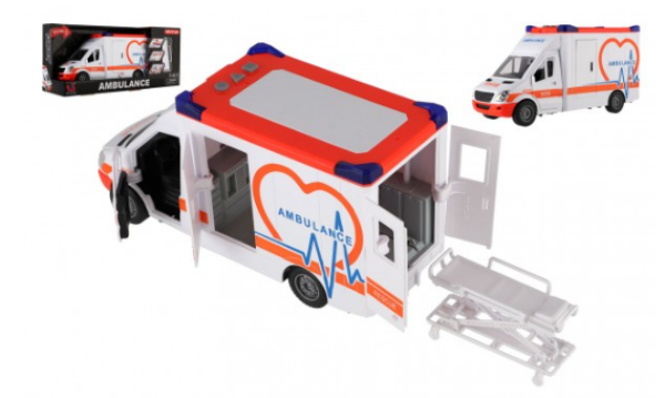 Auto ambulance plast 28cm s lehátkem na setrvačník se světlem se zvukem v krabici 39x18x12cm