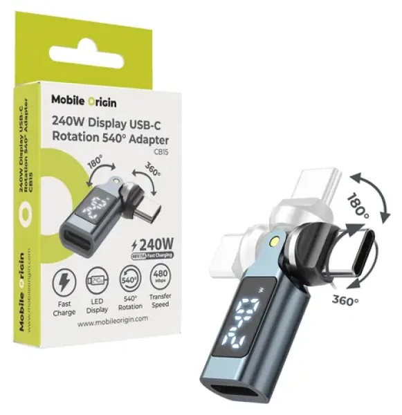 Mobile Origin CB15 / Otočný adaptér s displejem / USB-C / 240W / rotace 540° (MO-240WRA-CB15)