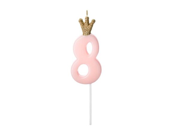 PartyDeco svíčka malá růžová s korunkou číslo 8