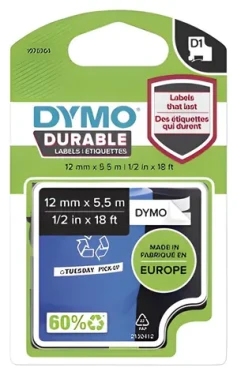 Dymo originální páska do tiskárny štítků 12mm x 5.5m / černý tisk / bílý podklad / D1 / permanentní vinylová (1978364)