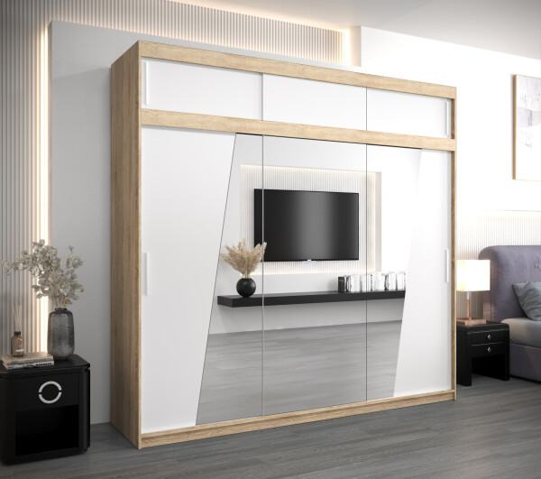 Šatní skříň Abi R0 s nástavcem Barva korpusu: Dub Sonoma, Rozměry: 250 cm, Dveře: Bílá