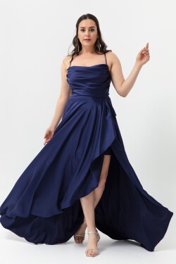 Lafaba Dámské Námořnická modrá Volánková Rozparek Plus Velikost Saténové večerní šaty Maturitní šaty